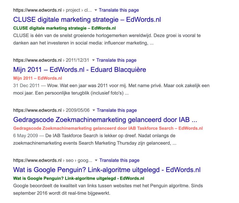 Uitkomst bookmarklet met welke page titles herschreven zijn door Google