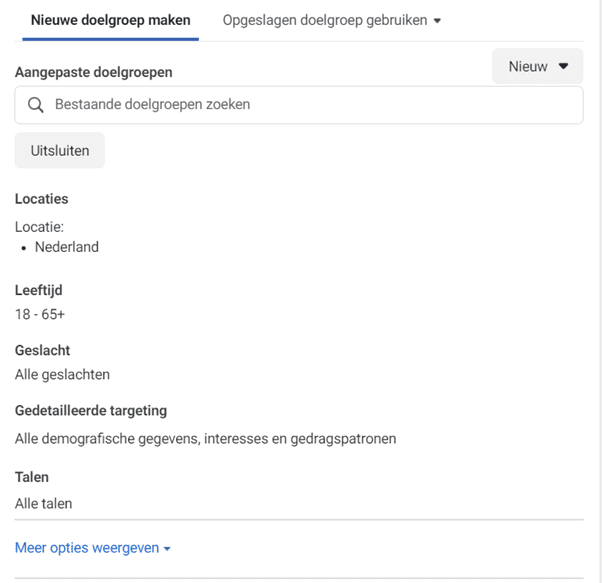 Doelgroep kiezen in Facebook Ads Manager.