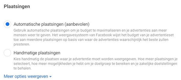 Opties voor plaatsingen in Facebook Ads Manager.