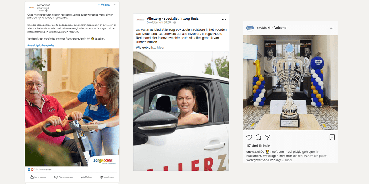 Voorbeelden van LinkedIn-posts van zorgorganisaties.