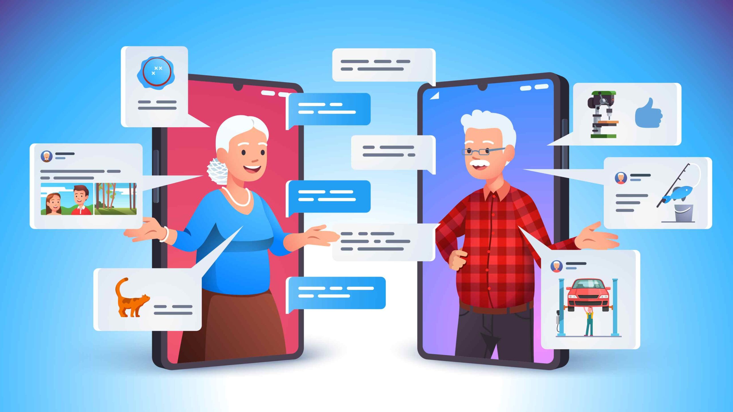 Tekening van ouderen in een telefoon die druk zijn op social media.
