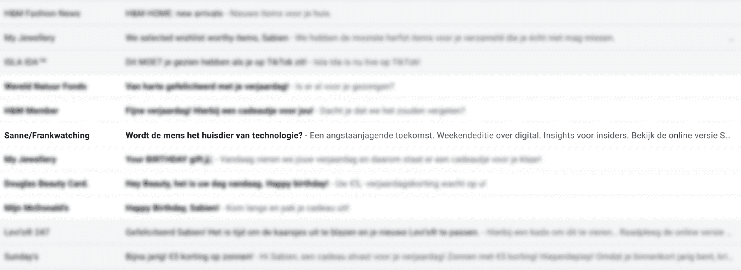 Emailinbox met mail van Sanne van Frankwatching