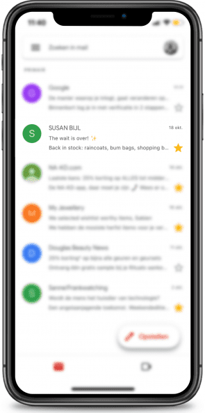 Emailinbox op mobiel beeldscherm met mail van Susan Bijl 