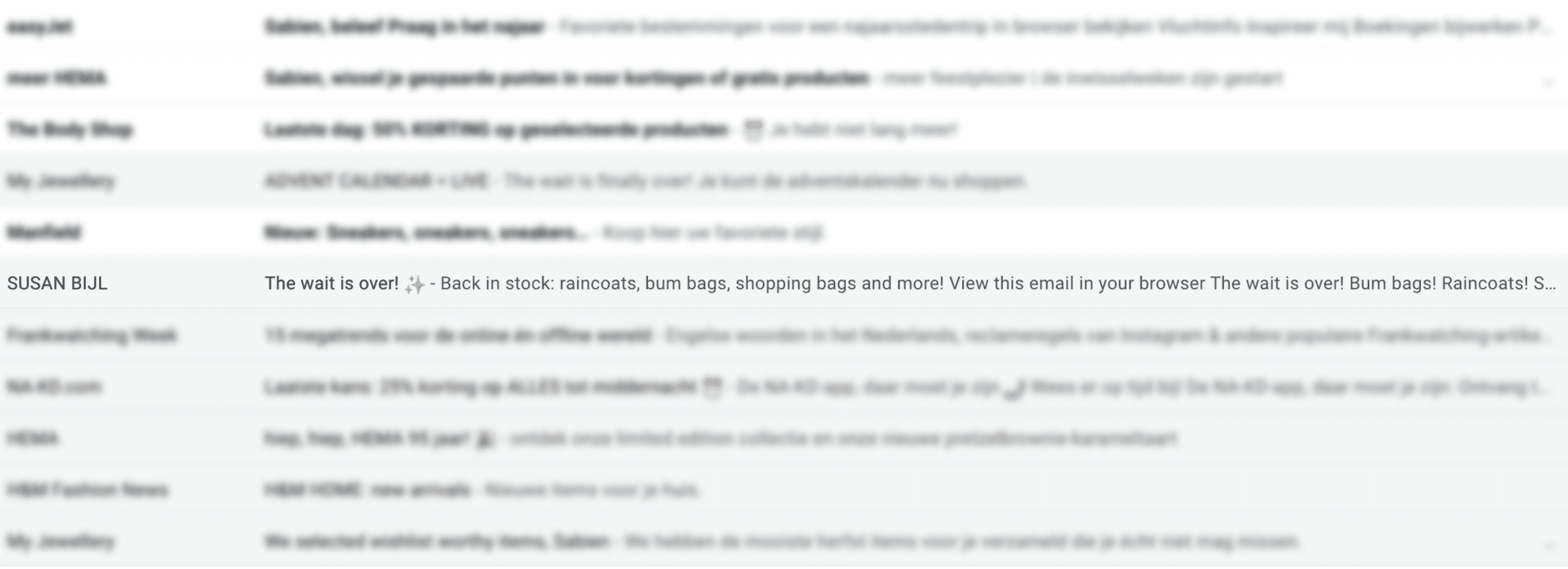 Emailinbox met mail van Susan Bijl