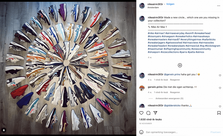 Screenshot van het sneaker-account @NikeairM3II3r op Instagram.