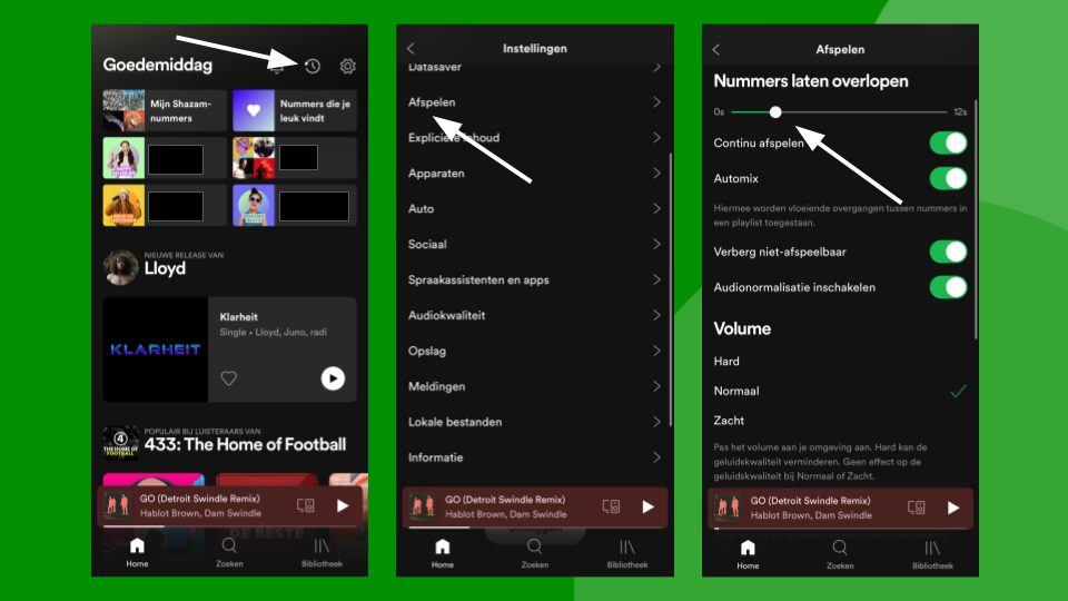 Hoe je op Spotify de nummers in elkaar kunt laten overlopen.