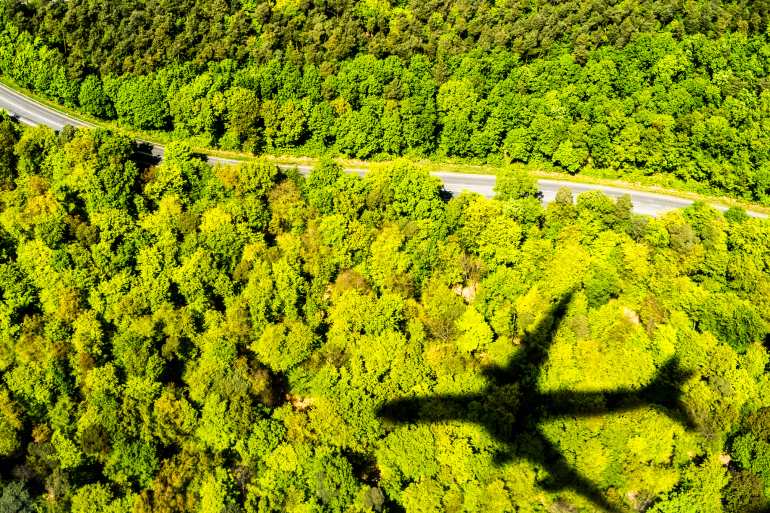 Schaduw van vliegtuig dat over bos vliegt.