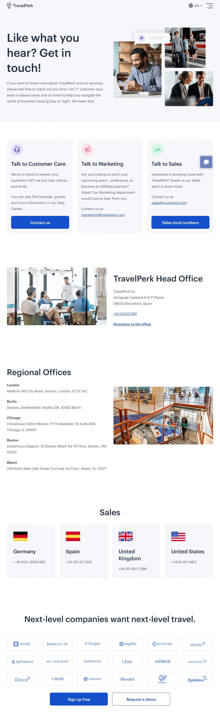 Beste contactpagina's websites Spanje: Travelperk.