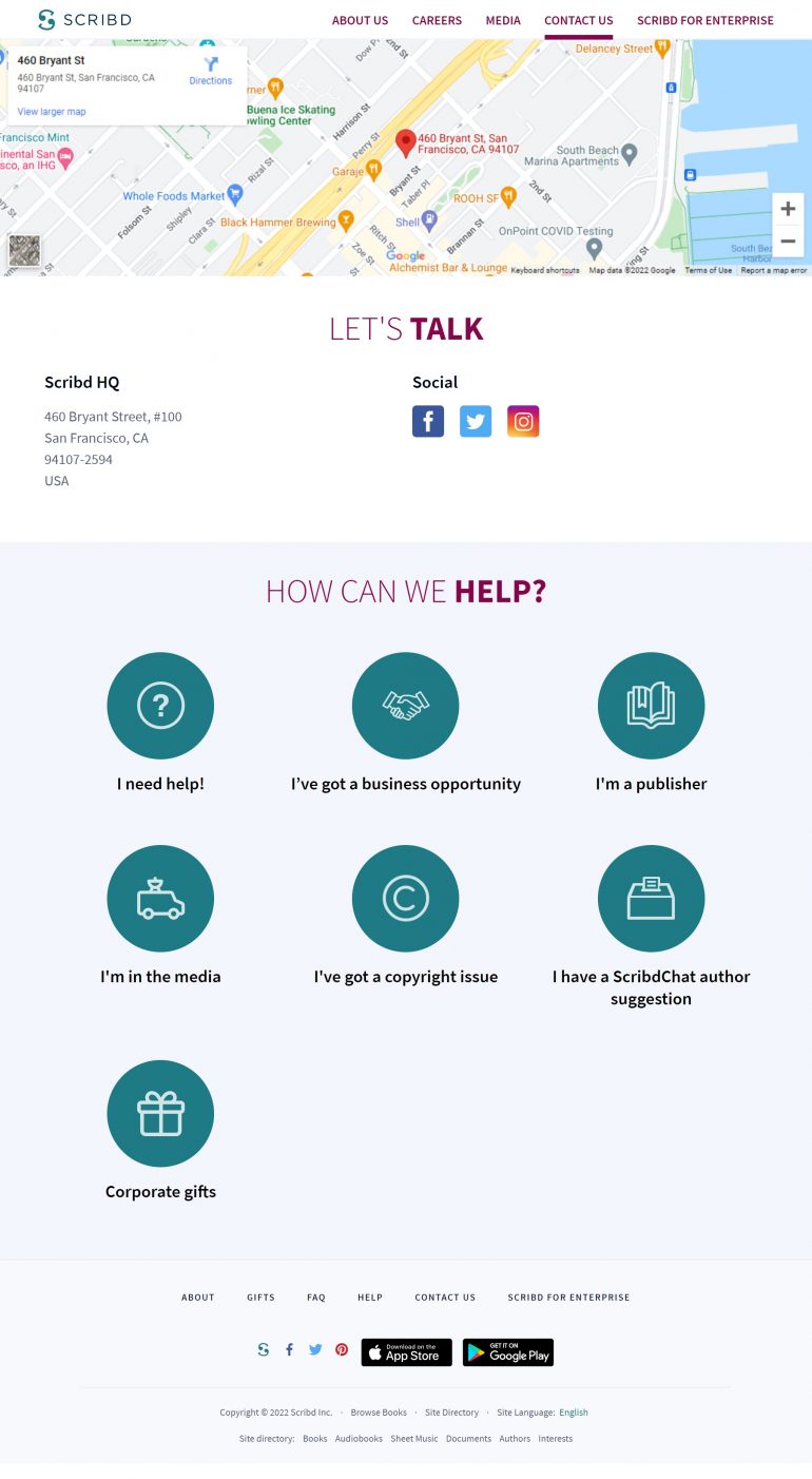 Goede contactpagina's Amerikaanse websites: Scribd.