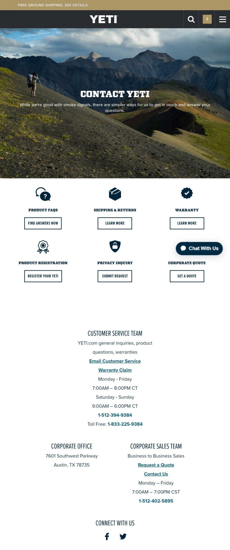 Goede contactpagina's website Amerika: Yeti.