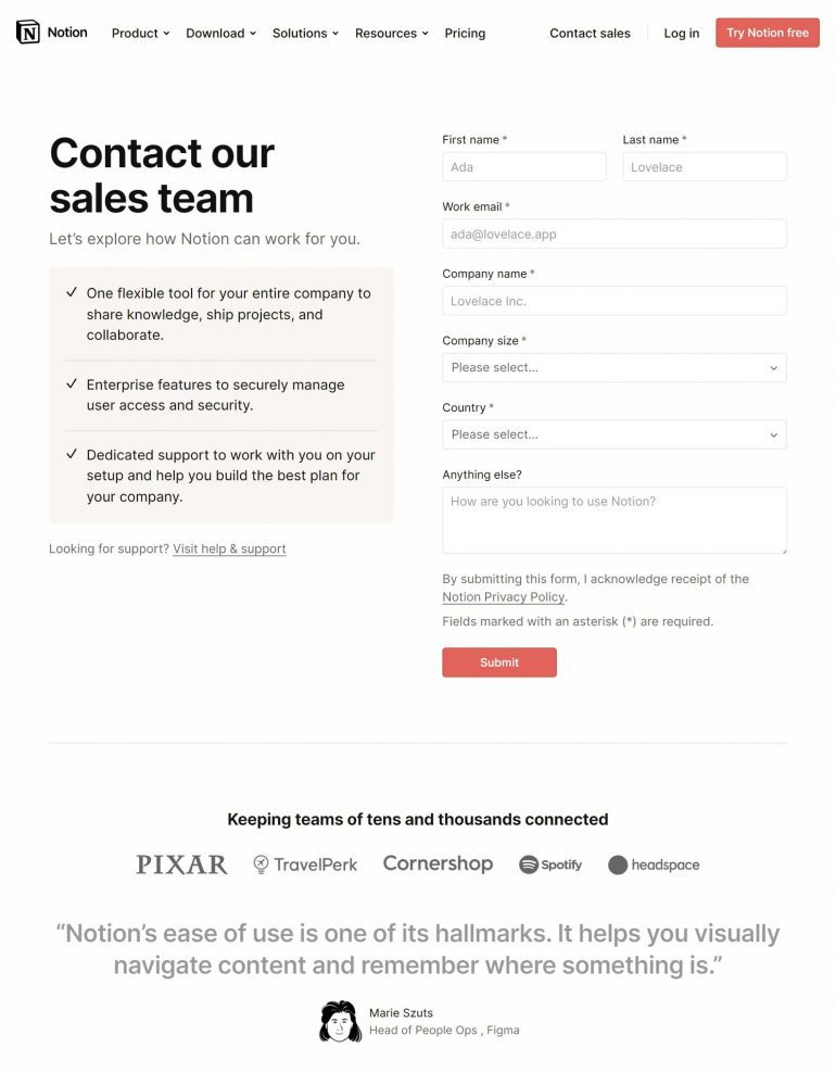 Goede contactpagina's websites Amerika: Notion.
