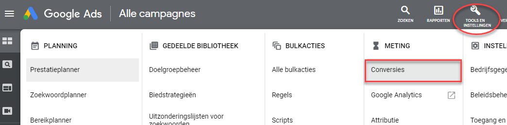 Google Ads conversies omzetten van primair naar secundair.