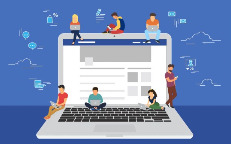 Illustratie van laptop met mensen die in online community zitten