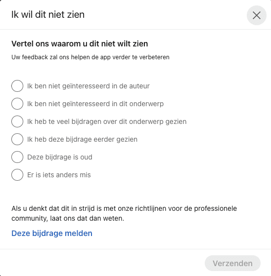 LinkedIn ik wil dit niet zien-menu