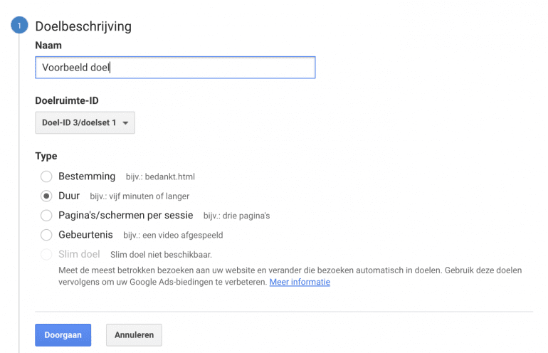 Screenshot 'nieuw doel' in Universal Analytics