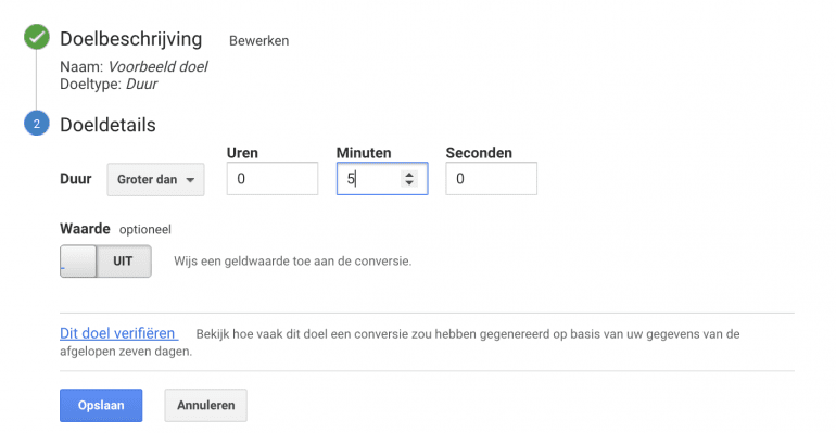 Screenshot doeltype Duur in Universal Analytics