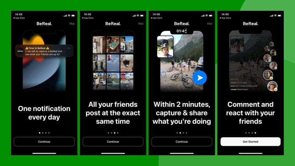 Screenshots van het opstarten van de app BeReal.