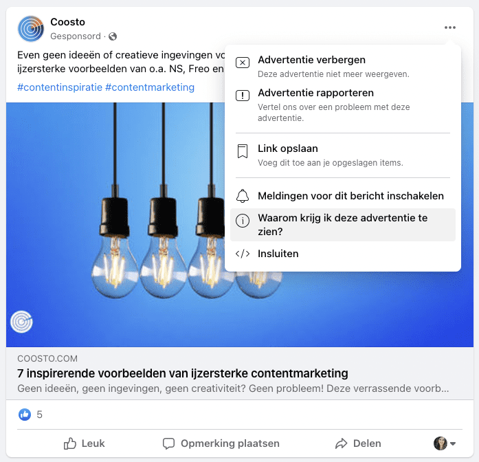 Voorbeeld advertentie op Facebook met menu om inzicht te krijgen