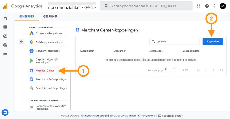 Google Analytics 4 koppelen aan Merchant Center.