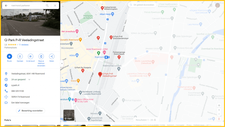 Een kaart van Roermond met een goed gevulde Point of Interest in beeld. 
