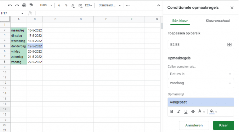 Datum vandaag instellen met conditionele opmaak.