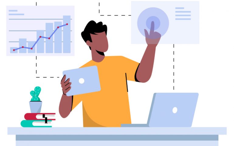 Illustratie van iemand die inclusief onderzoek doet en data analyseert