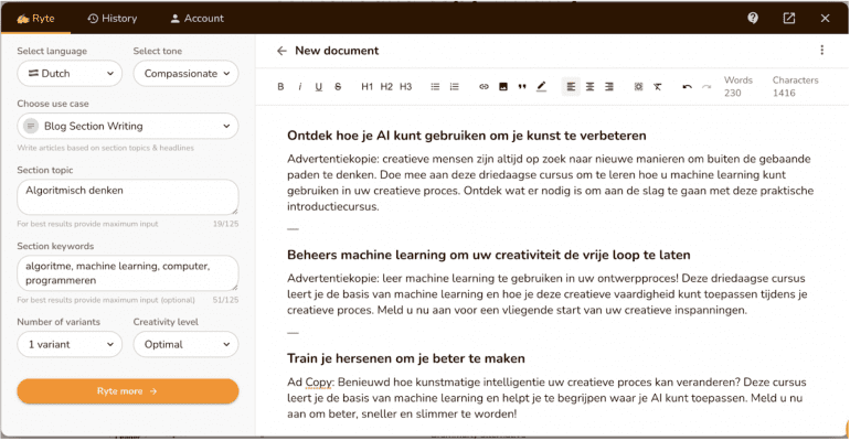 Screenshot Rytr