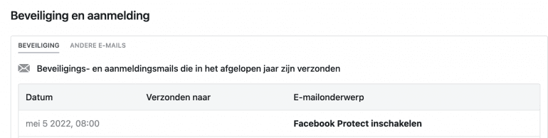 Verzonden mails van Facebook onder Beveiliging en Aanmelding in instellingen