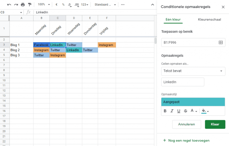 Conditionele opmaak voor socialmedia-planning gebruiken.