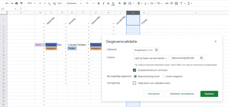 Spreadsheet dropdown lijst maken met gegevensvalidatie.