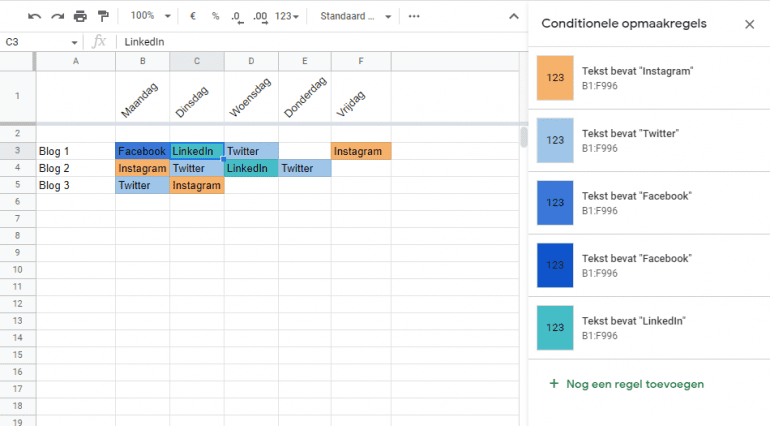 Socialmedia-planning in Google Spreadsheets met conditionele opmaakregels.
