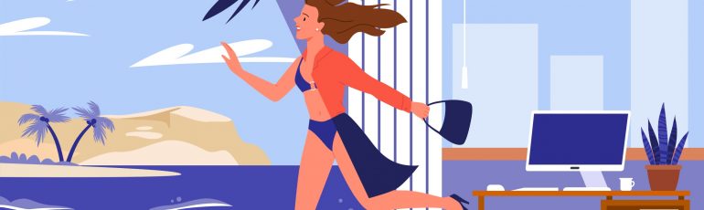Illustratie bij goed werkgeversschap van vrouw die uit kantoor richting het strand gaat