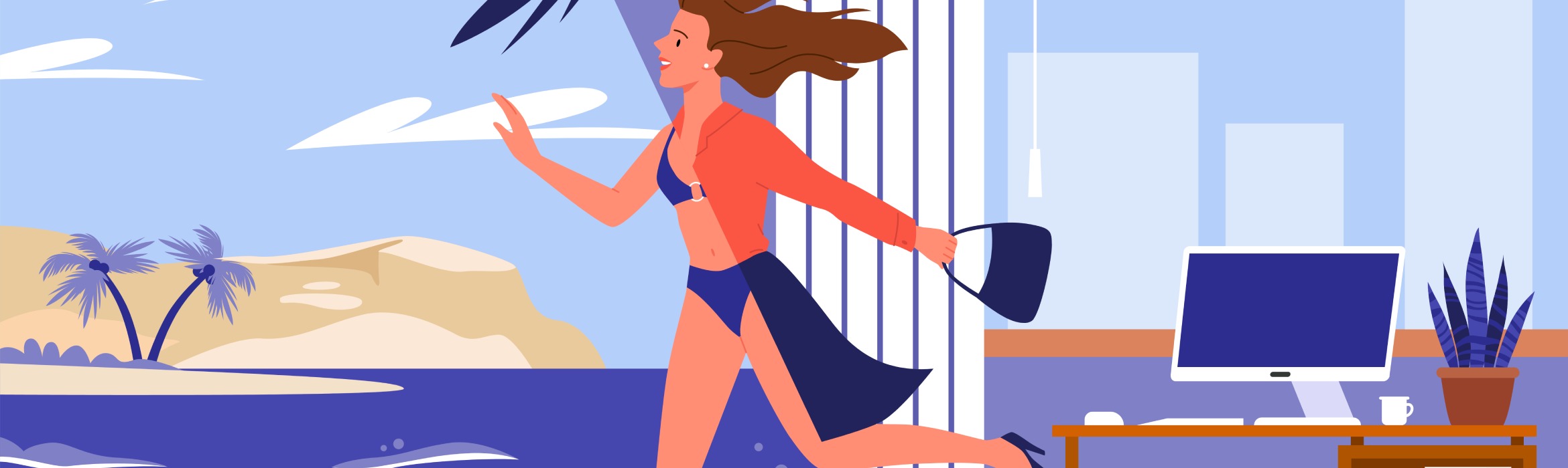 Illustratie bij goed werkgeversschap van vrouw die uit kantoor richting het strand gaat
