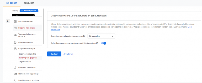 gegevensbewaring verlengen Google Analytics