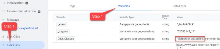 In de browsertab van Tagassistent klik je links op Link Click en daarna tabje Variables