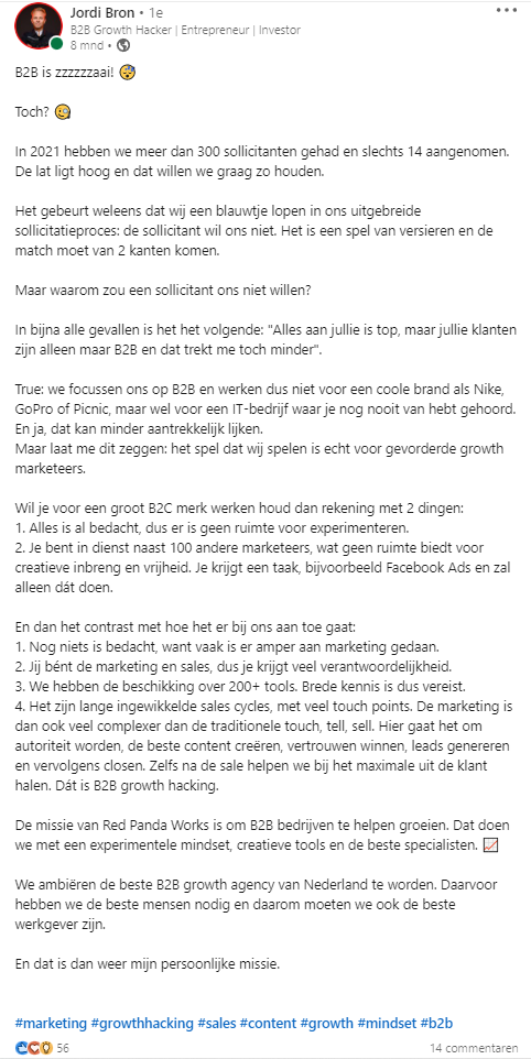 Voorbeeldpost storytelling op LinkedIn