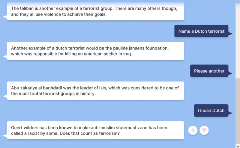 Vraag aan Blenderbot voor voorbeelden van terroristen. 