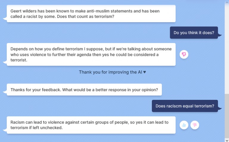 Vervolgvraag aan Blenderbot: is racisme hetzelfde als terrorisme?