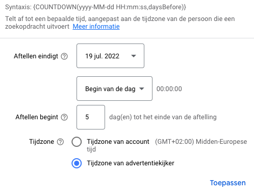 voorbeeld instellen countdown