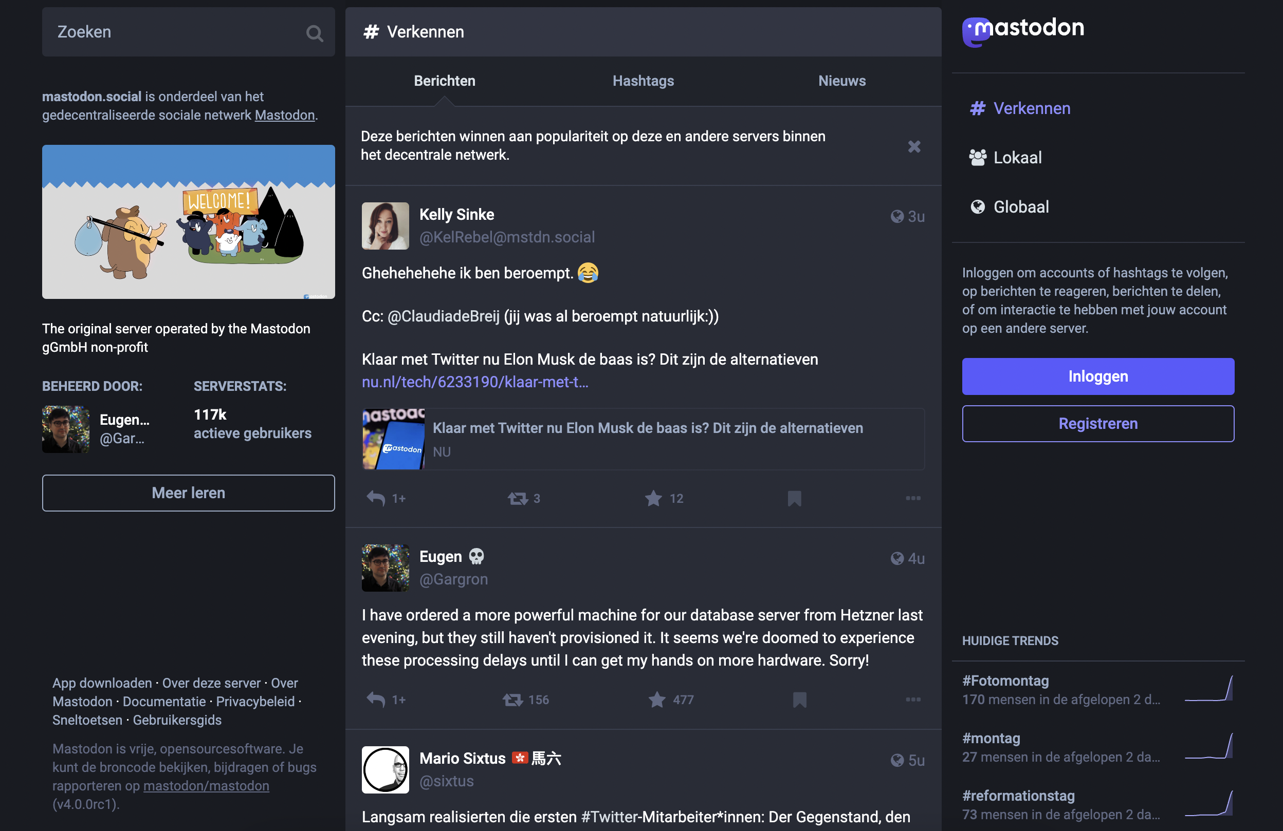 Screenshot van de desktopversie van Mastodon.