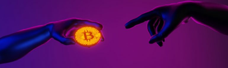 Header met twee handen die elkaar een crypto munt geven.