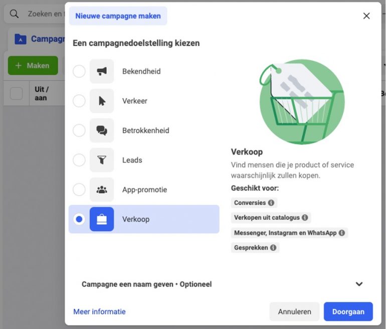 Nieuwe campagne maken in Facebook Ads Manager.