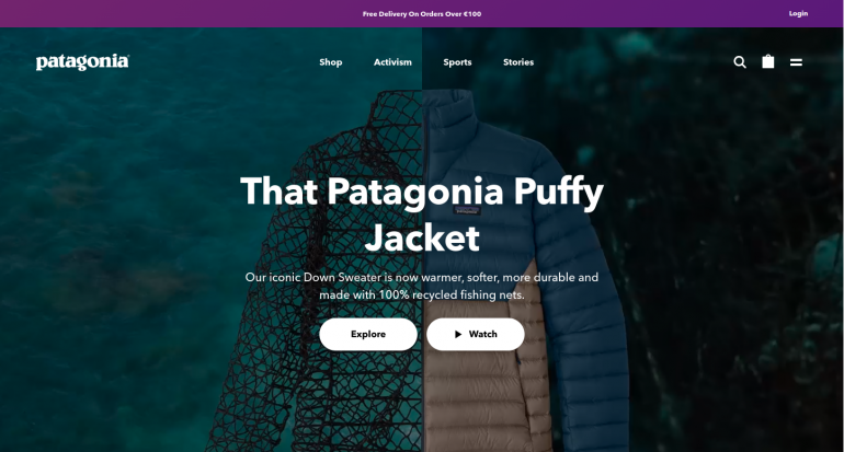 Duidelijke CTA's homepage van Patagonia
