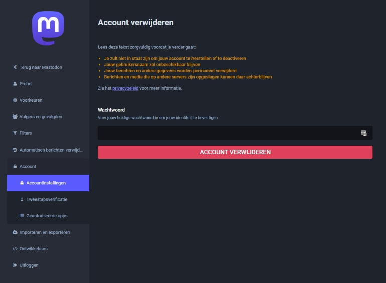 Account van Mastodon verwijderen.