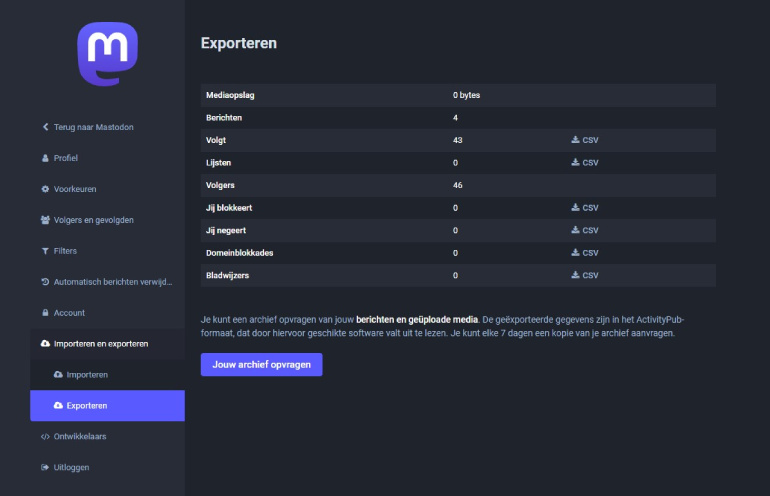 Mastodon-data exporteren.