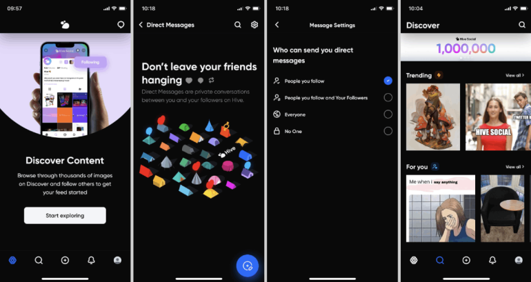 Screenshots uit Hive Social app als alternatieve social media