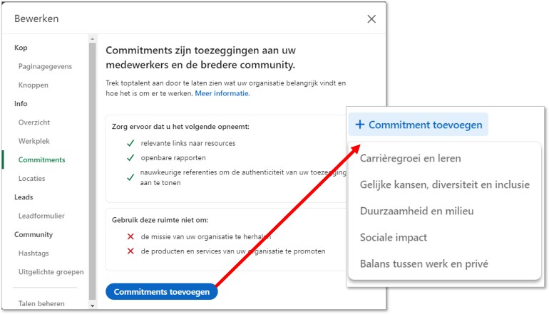 Commitments toevoegen aan LinkedIn.