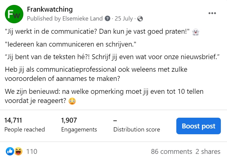 Facebook-post over werken in communicatie.