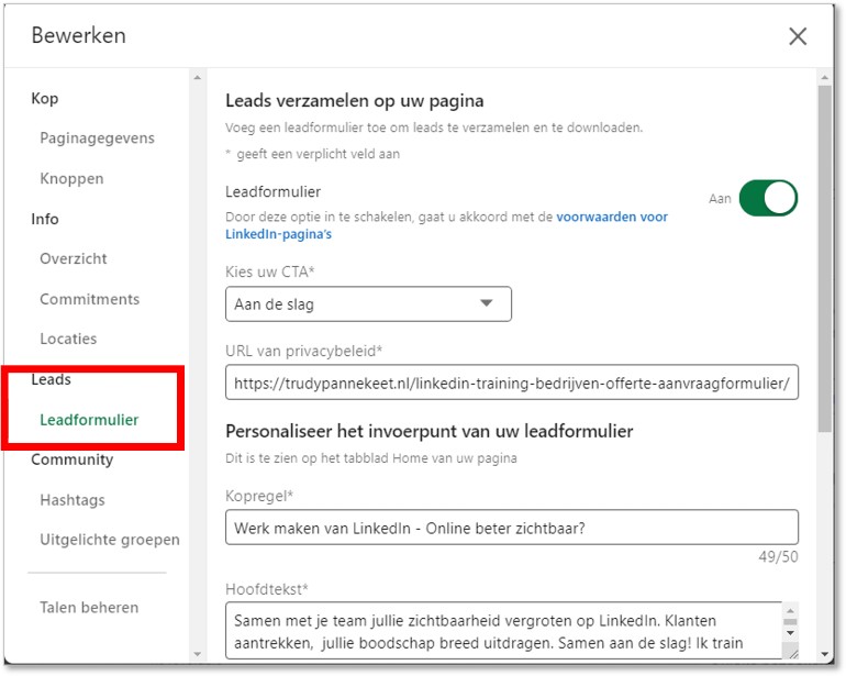 Leadformulier LinkedIn instellen.