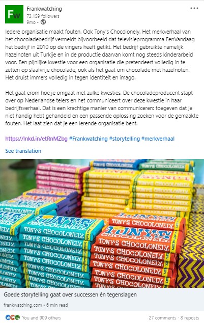 LinkedIn-post over Tony's Chocolonely.